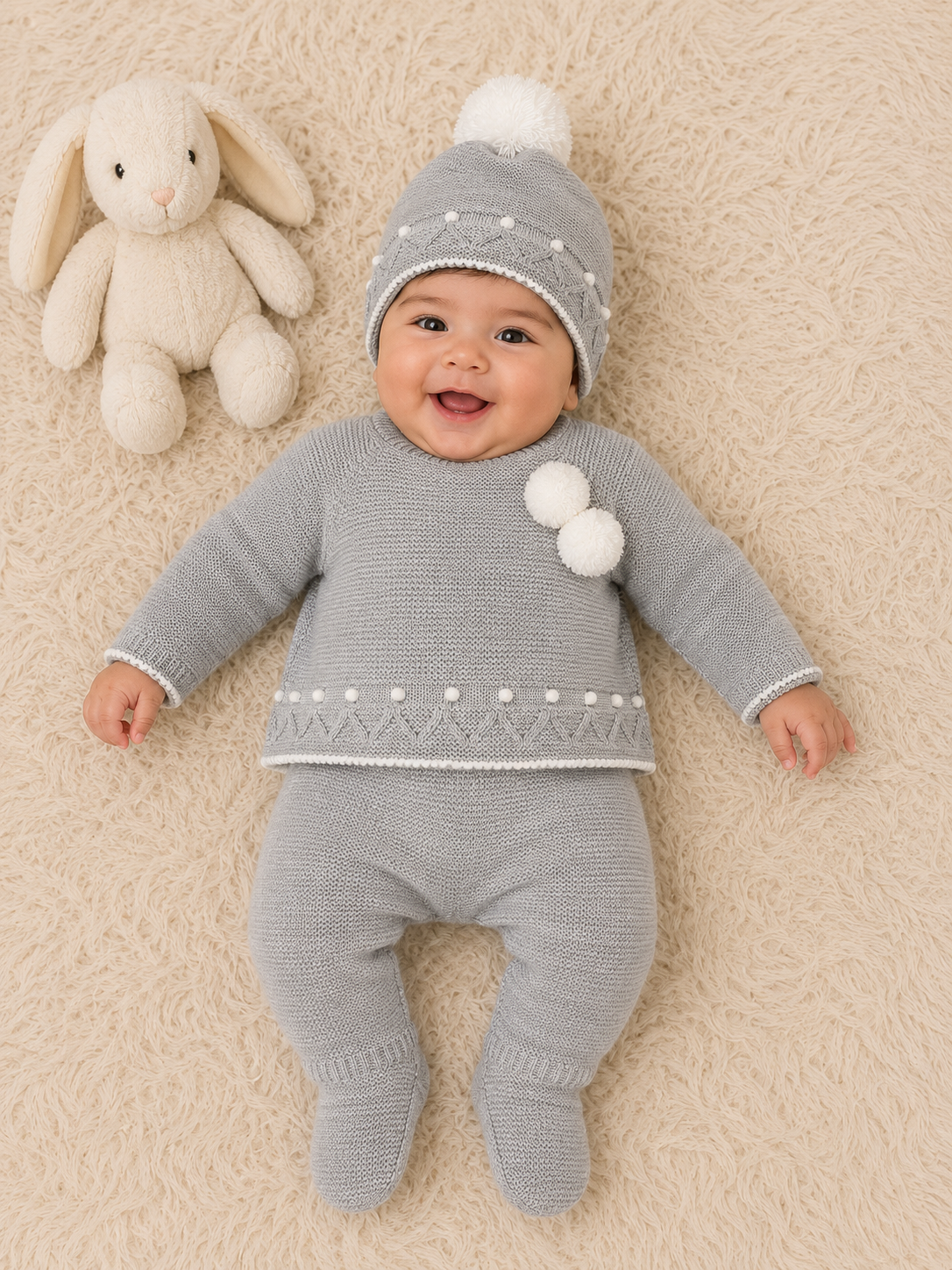 Conjunto tres piezas pompón gris
