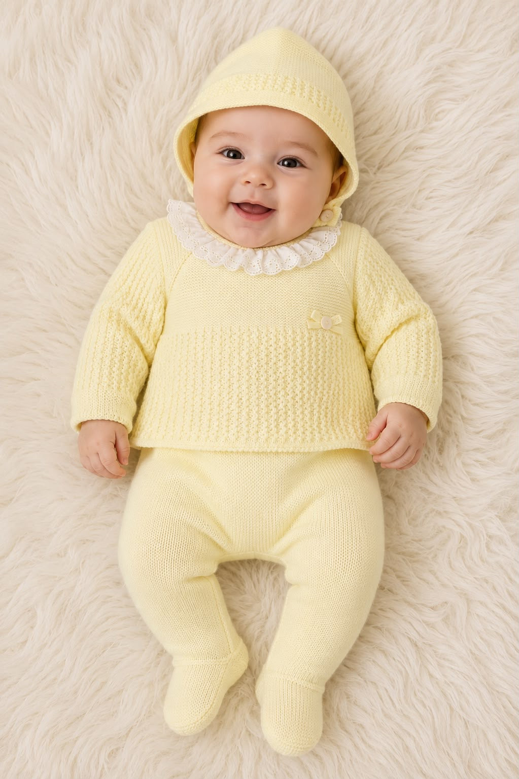 Conjunto tres piezas lana cuello bebé amarillo