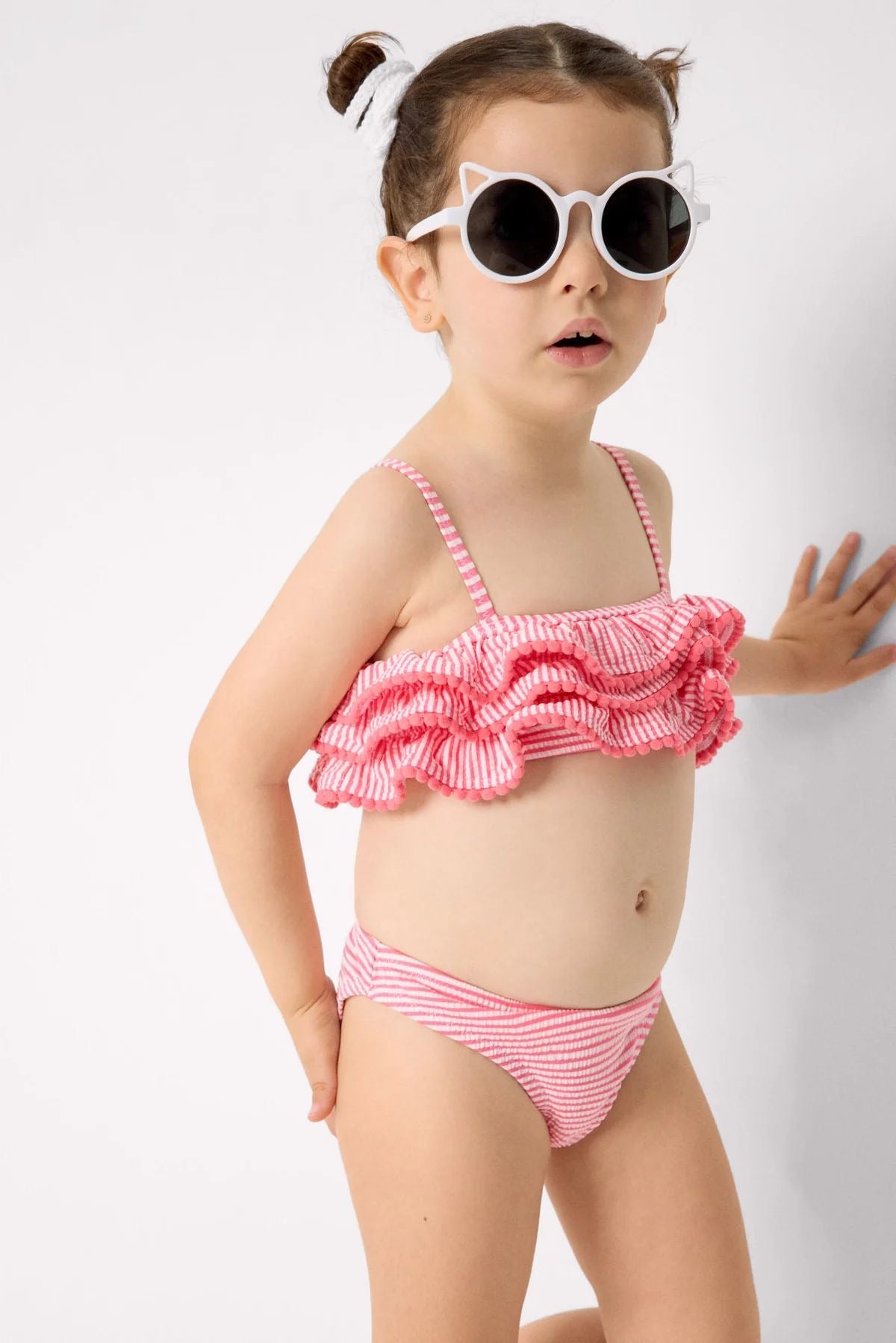 Bikini niña bambula detalle triple volante estampado rayas