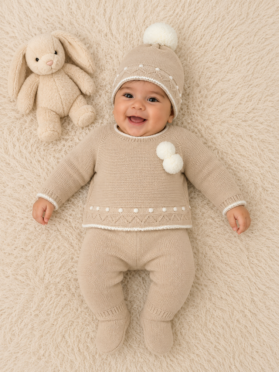 Conjunto tres piezas pompón beige