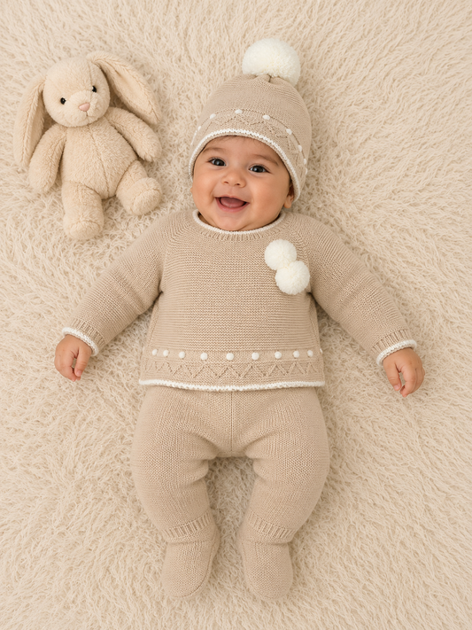 Conjunto tres piezas pompón beige