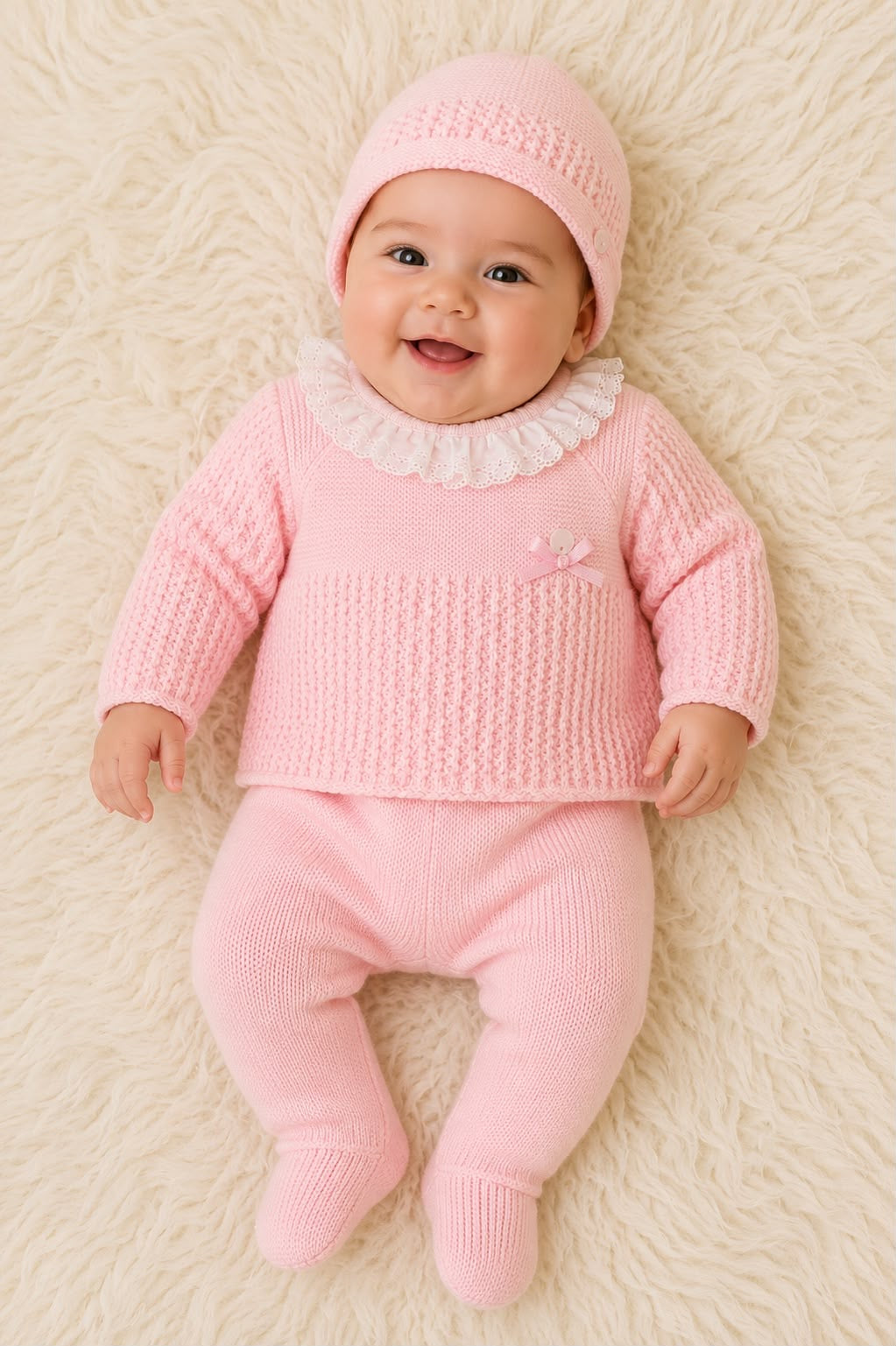Conjunto tres piezas lana cuello bebé rosa