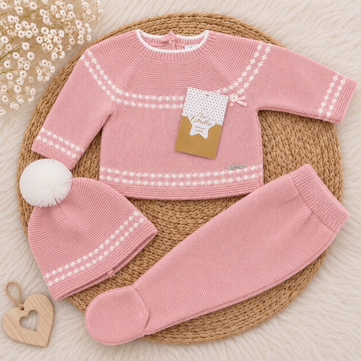 Conjunto tres piezas lana gorro pompón