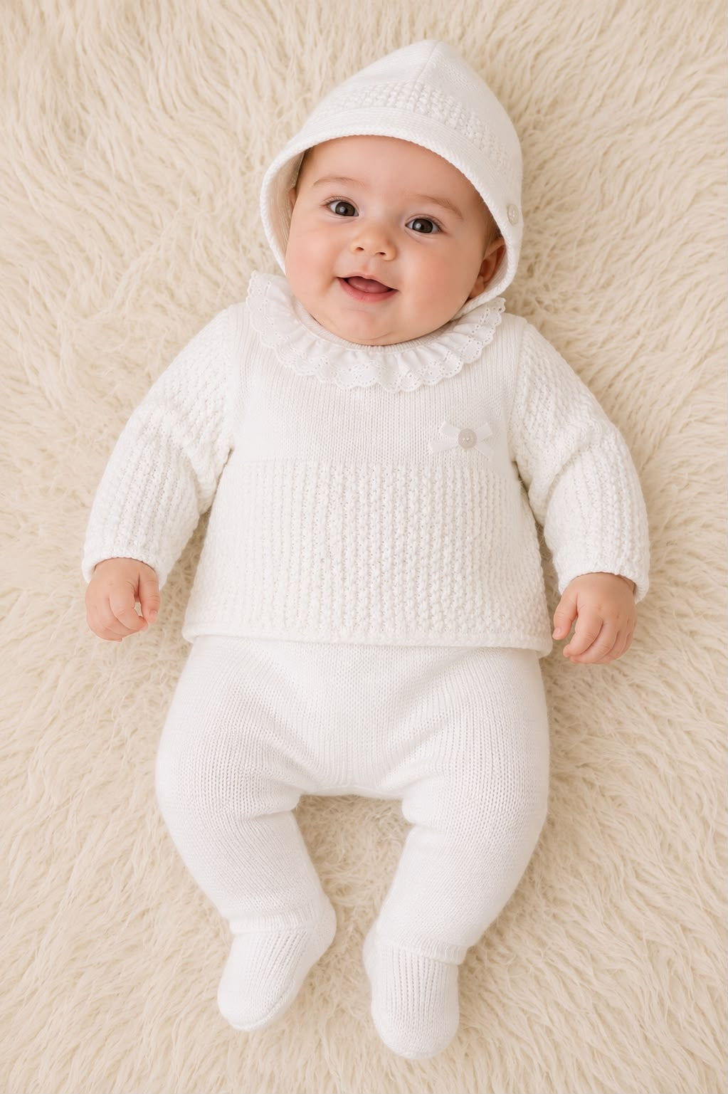 Conjunto tres piezas lana cuello bebé blanco