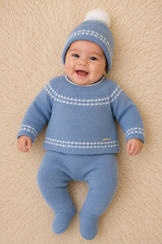 Conjunto tres piezas gorro pompón azul