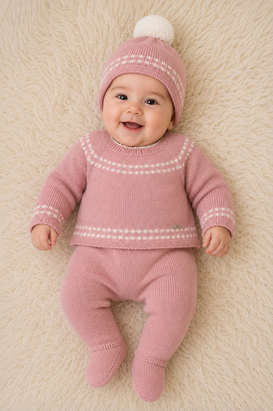 Conjunto tres piezas lana gorro pompón