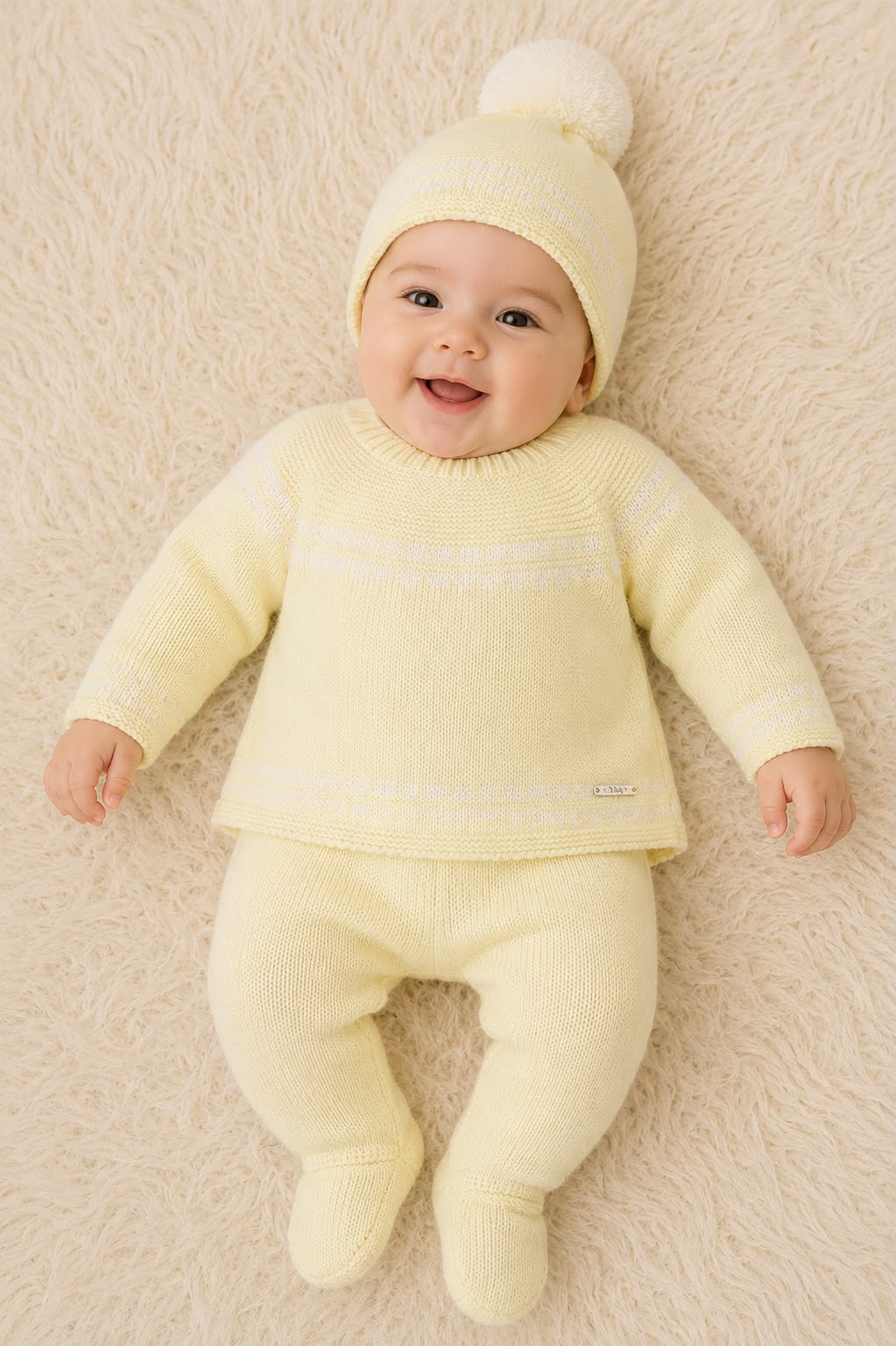 Conjunto tres piezas gorro pompón amarillo