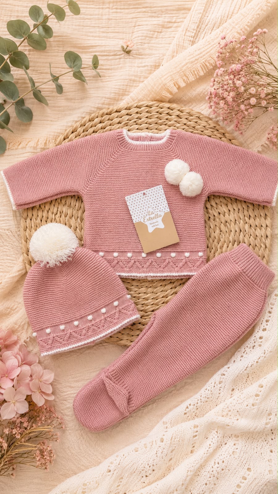 Conjunto tres piezas pompón rosa